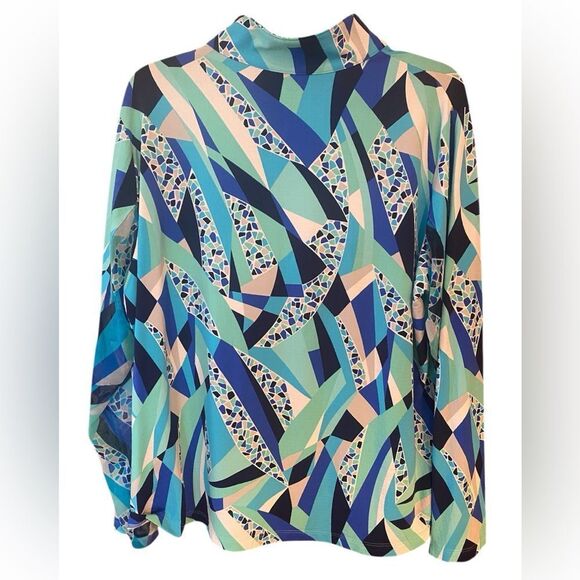 Ibkul Sz 2XL Turquoise Blue Geometric Print UV Sun Protection Long Sleeve Top - Picture 2 of 7
